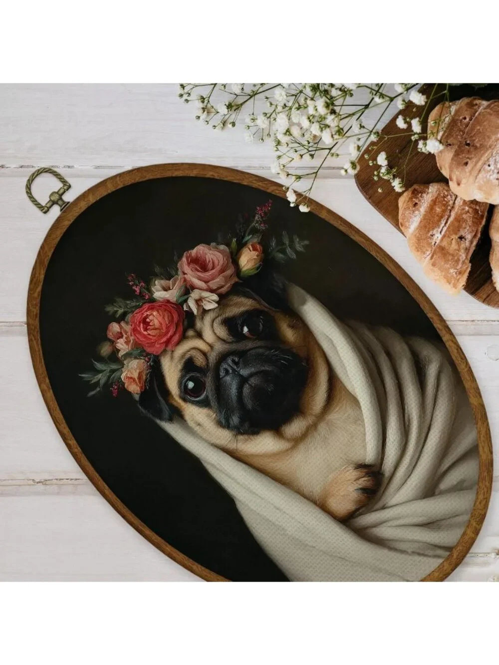 Funny Pug Floral Wall Art Decor | Oval Framed Canvas Print for Dog Lovers